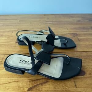 Furla Black Leather Bow Thong Slingback Sandals Size 37